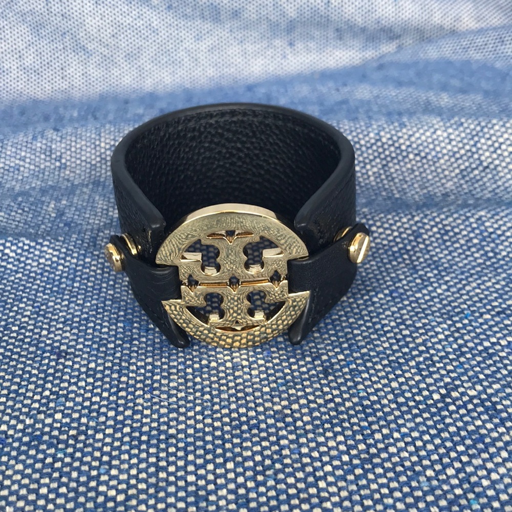 Tory Burch Black Leather Bracelet with Gold Logo